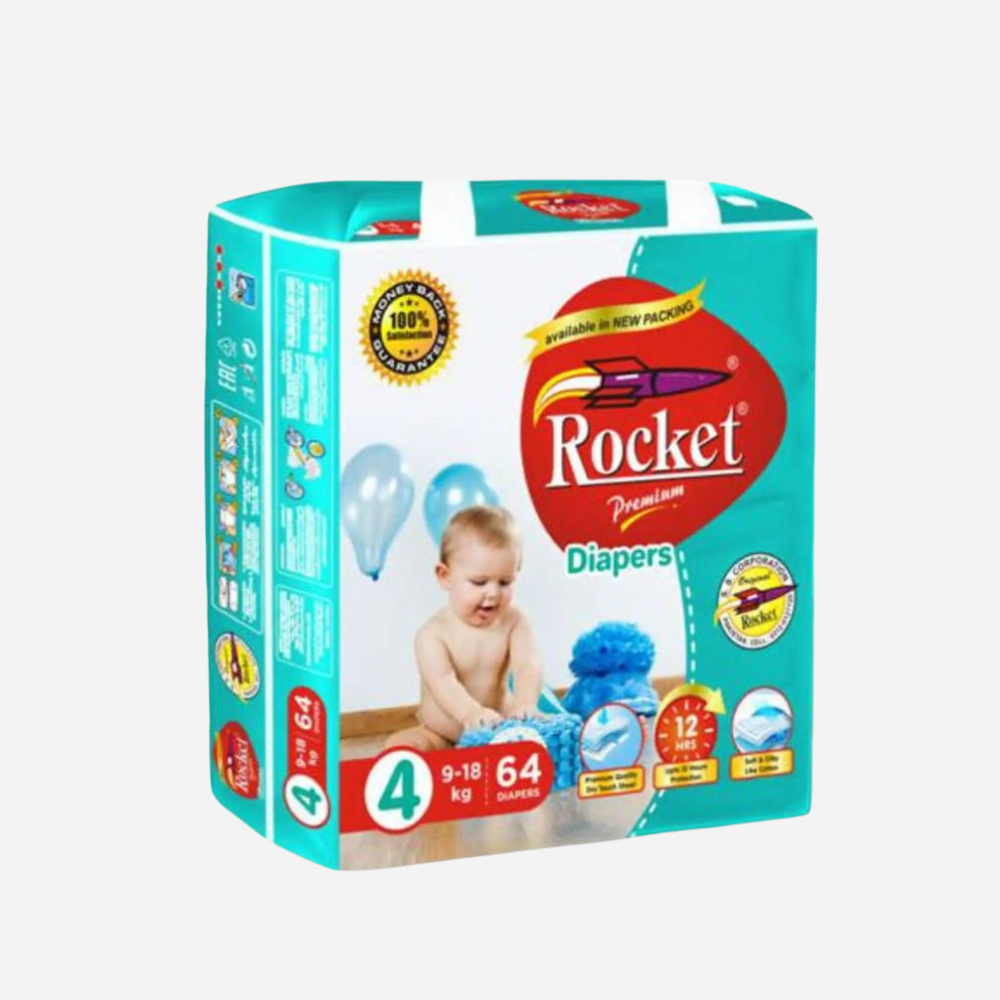 Rocket Premium Baby Diapers – Large (Size 4), 64 pcs | 9–14 kg