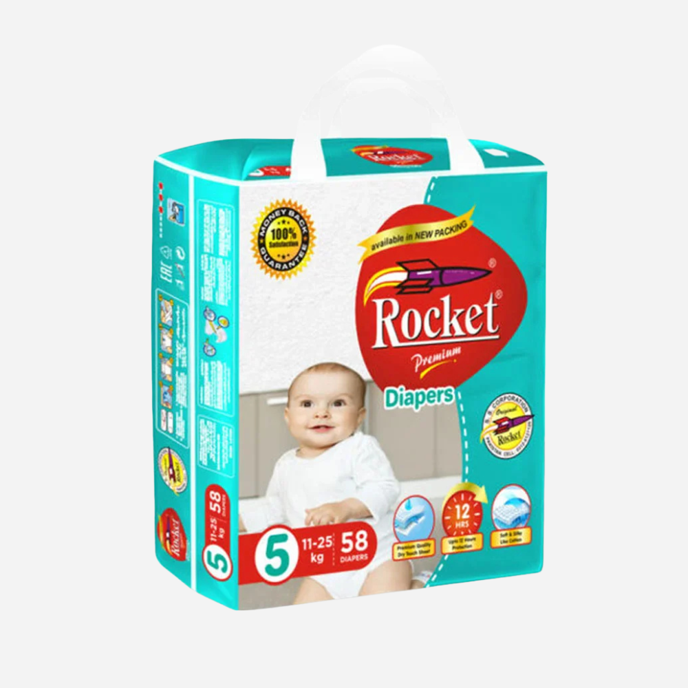 Rocket Premium Baby Diapers – Extra Large (Size 5), 58 pcs | 11–25 kg