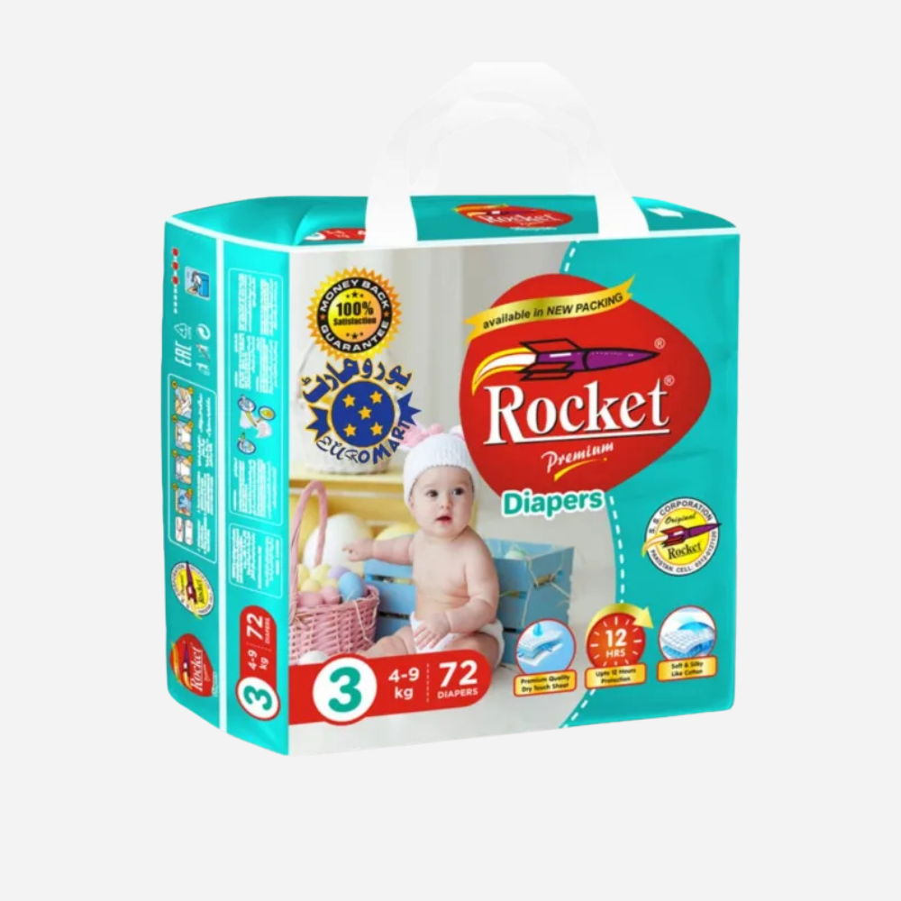 Rocket Premium Baby Diapers – Medium (Size 3), 72 pcs | 4–9 kg