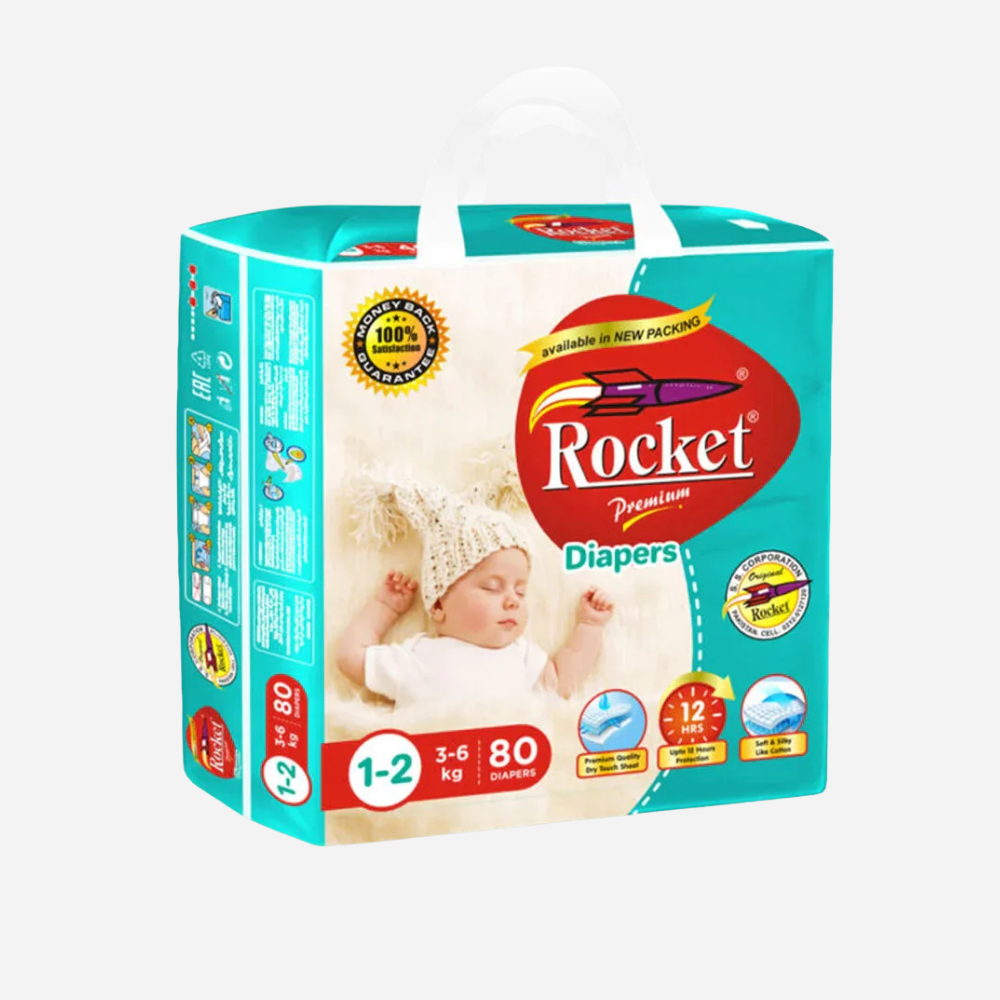 Rocket Premium Baby Diapers – Small (Size 1–2), 80 pcs | 3–6 kg